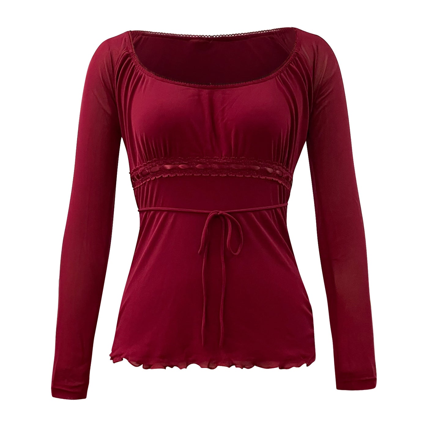 Autumn Mesh Lace Pullover Bow Waist Long Sleeve Top