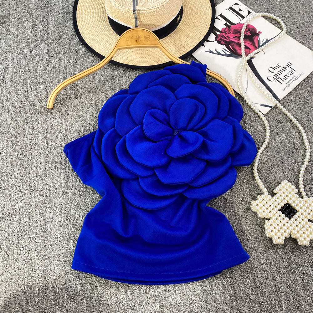 Pure Desire Three-dimensional Large Flower Diagonal Collar One-shoulder Top