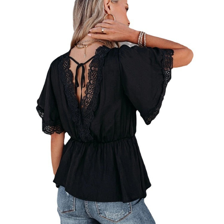 Women's Chiffon Shirt Loose Slimming Waist-tight Elegant Lace Chiffon Patchwork Solid Color Top