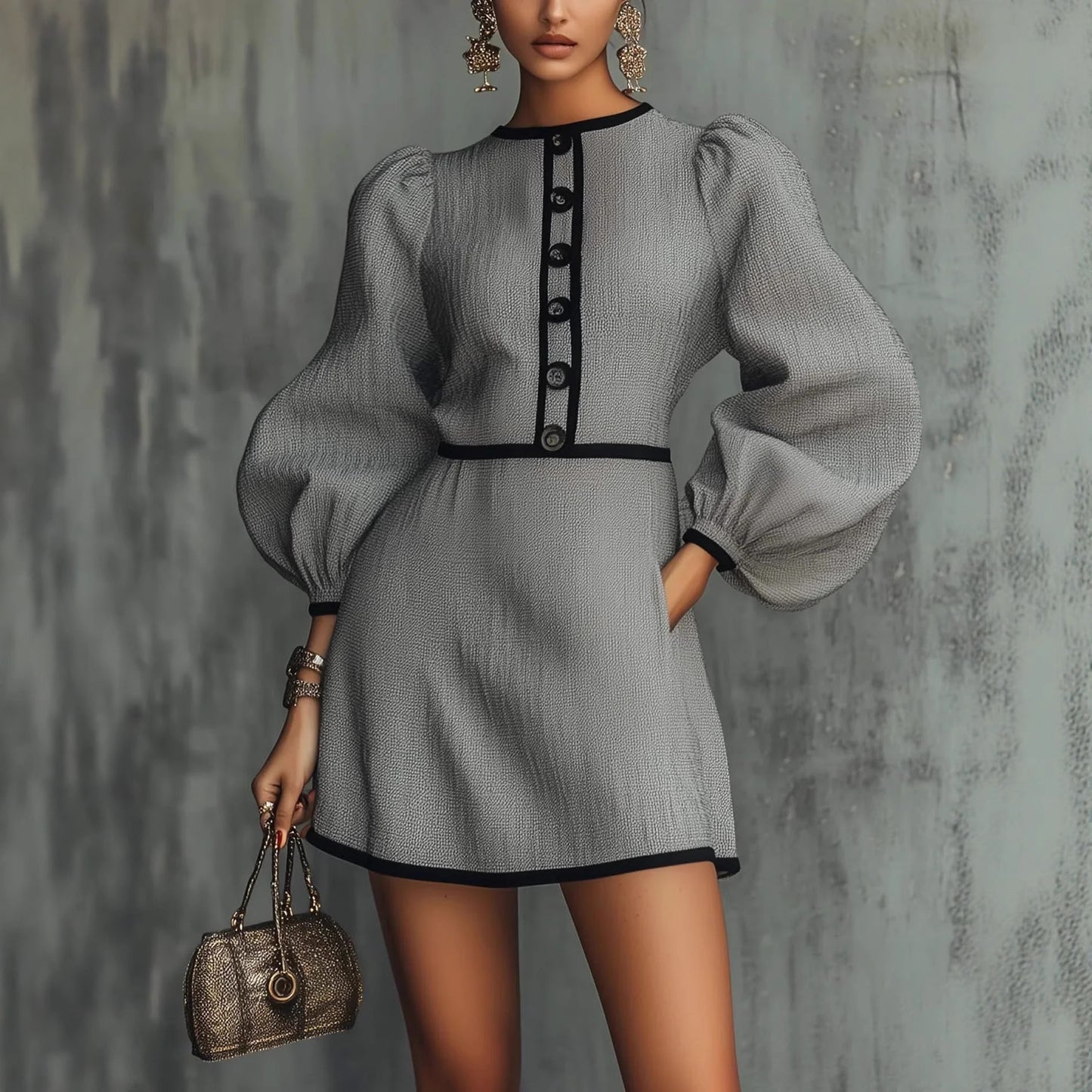 Sophisticated Chanel-inspired Gray Patchwork Knit Dress