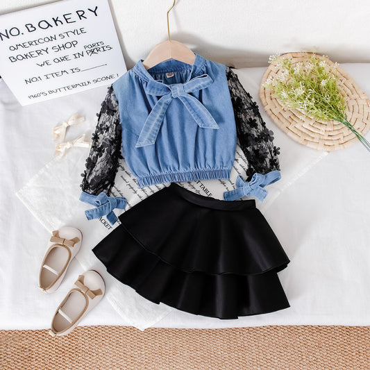 Hollow-out Long Sleeve Girls Dress Two-piece Set