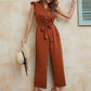Women's Pure Black V-neck Mid-waist Lace-up Cropped Jumpsuit