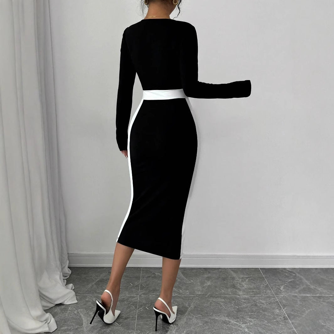 Women's Fashion Elegant Slim Fit Square Collar Long Sleeve Narrow Stitching Temperament Dress