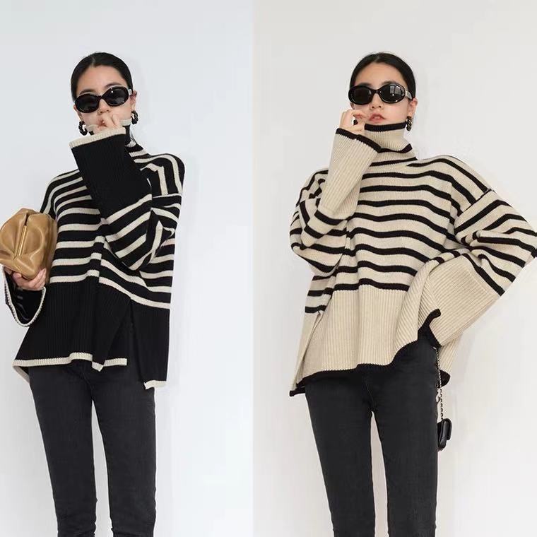 Pull à col roulé rayé tendance, décontracté, ample, fendu, design, hauts d'hiver, vêtements pour femmes