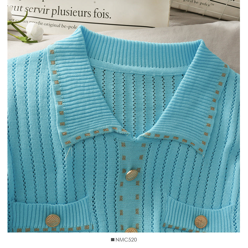 Hong Kong Style Polo Collar Single-breasted Golden Dot Slim Top Women