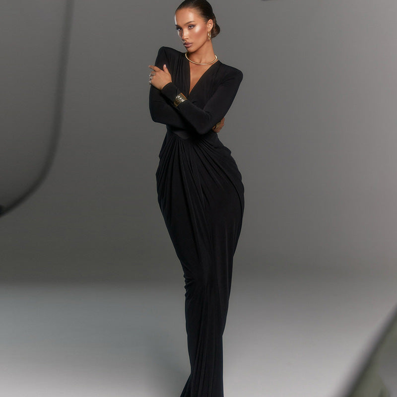 Robe longue à manches longues et fente haute pour femme
