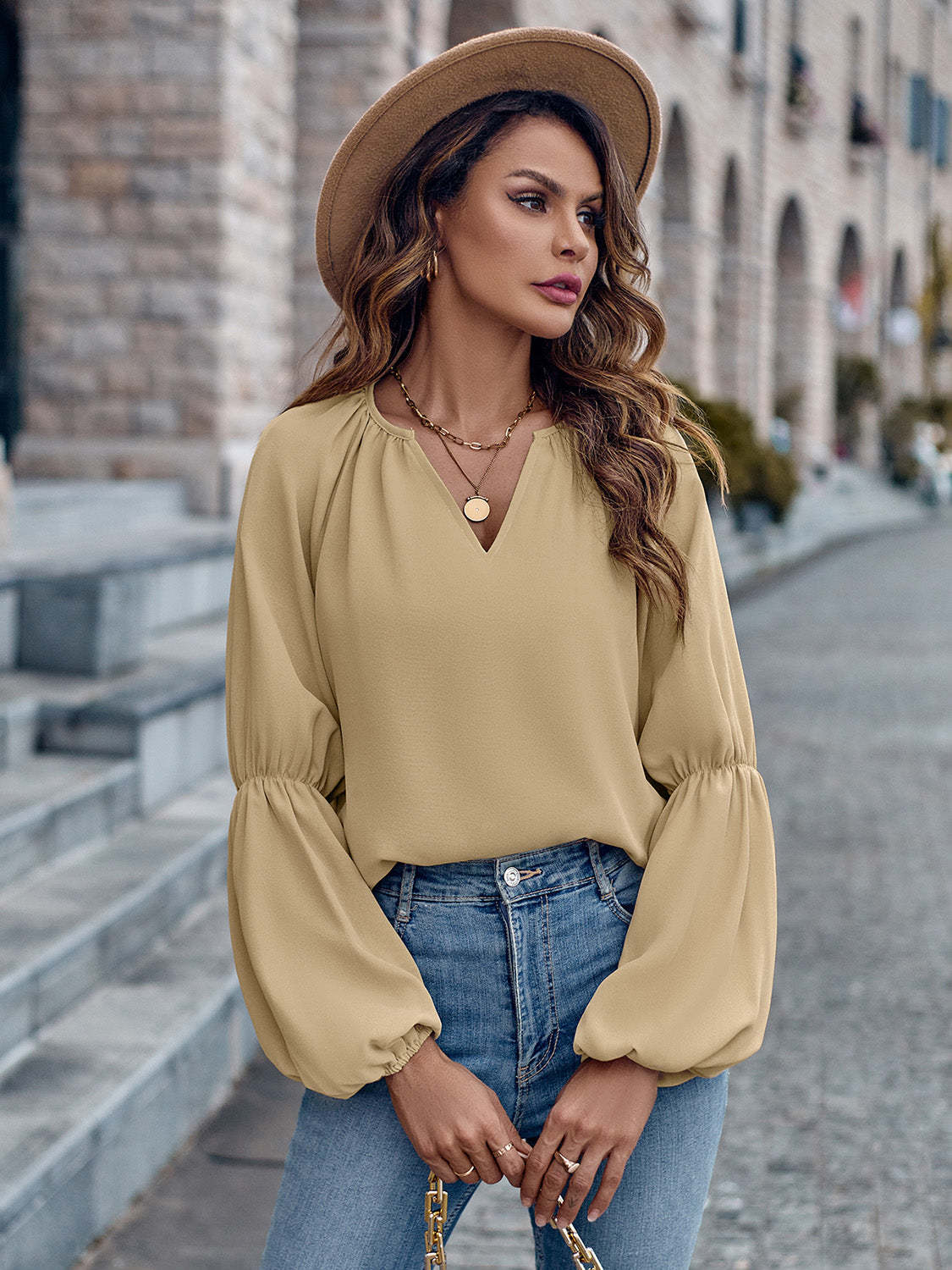 Solid Color And V-neck Loose Casual Women's Top