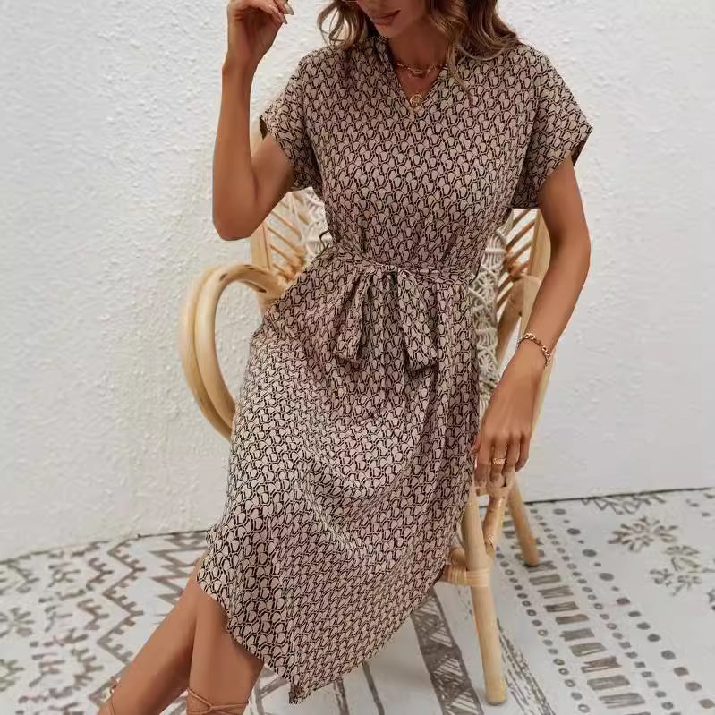Fashion Printed Waist Control Sleeve V-neck Slim Dress