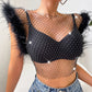 Women's Fashionable Slim-fit Diamond Super Shiny Ostrich Fur Rhinestone Fishnet Top