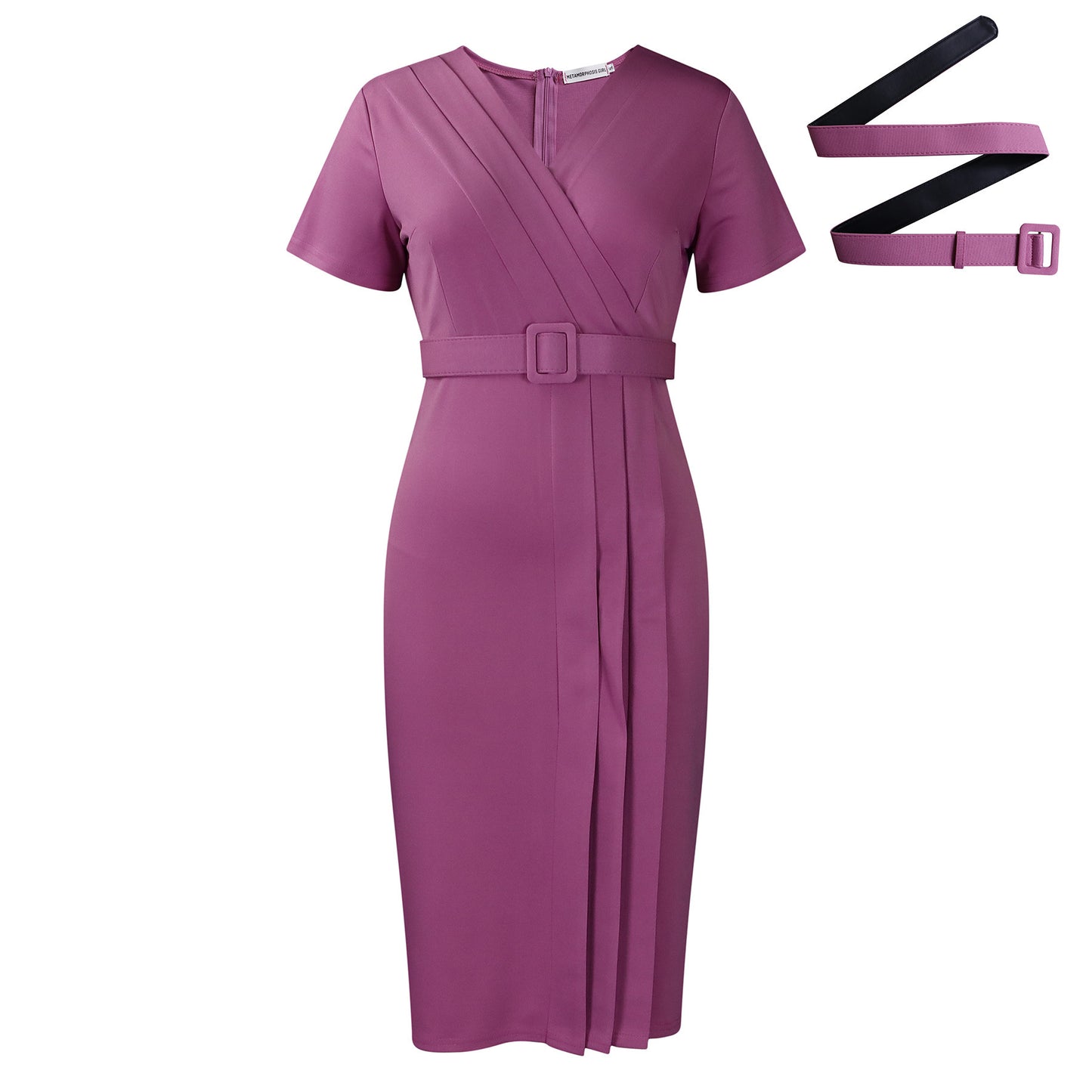 Robe de ville à manches courtes et col en V pour femme, taille ajustée, couleur unie