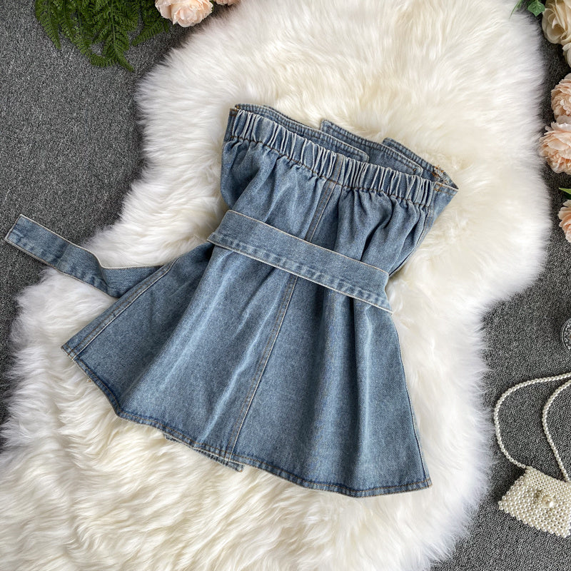 Design Sense Female Niche Breasted Splicing Slim Irregular Denim Tube Top Wear
