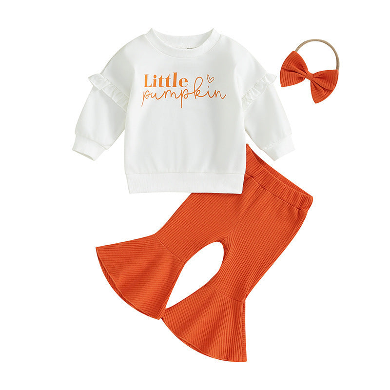 Ensemble pull à manches volantées et pantalon à pattes d'éléphant en coton à rayures enfoncées pour enfants