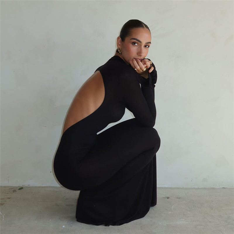 Women's Fashion Round Neck Long Sleeve Backless Slim Fit Dress