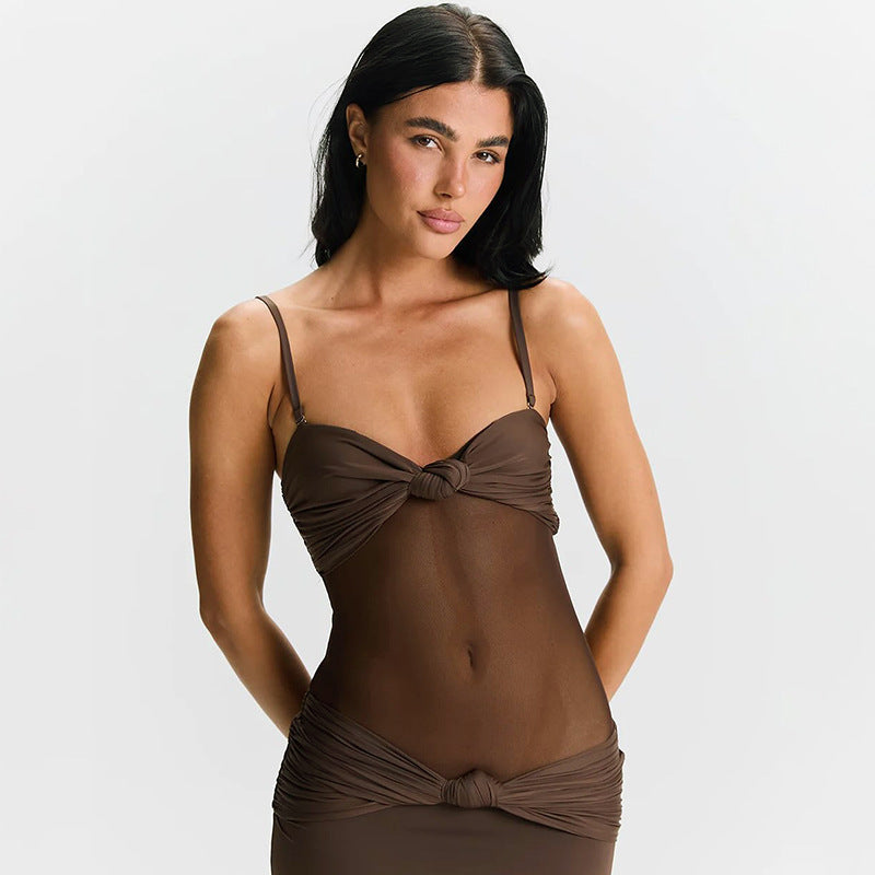 Detachable Shoulder Strap Kinked Mesh Slim Fit Dress