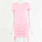 Round neck short sleeve side drawstring cotton dress