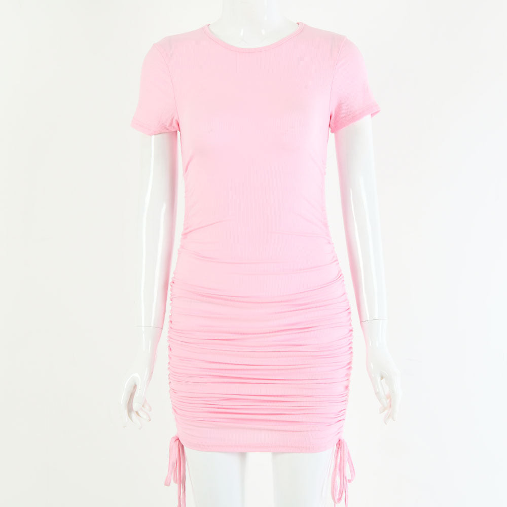 Round neck short sleeve side drawstring cotton dress