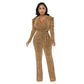 Waist Trimming V-neck Puff Sleeve Glossy Knitted Jumpsuit