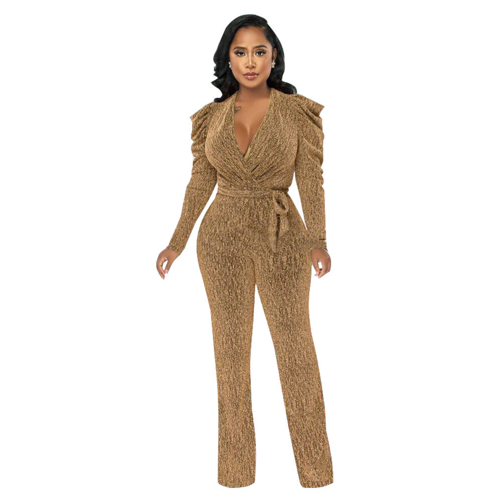 Waist Trimming V-neck Puff Sleeve Glossy Knitted Jumpsuit