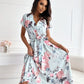 V-neck Lace-up Printed Dress