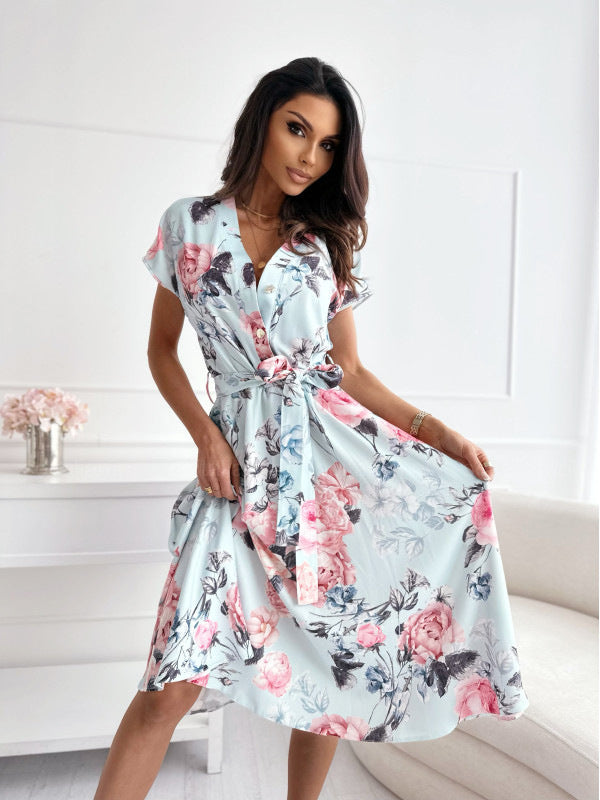 V-neck Lace-up Printed Dress