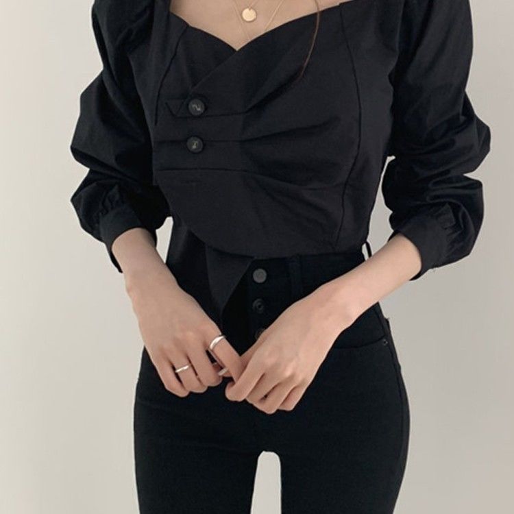 Retro Square Neck Scheming Clavicle Blouse Women