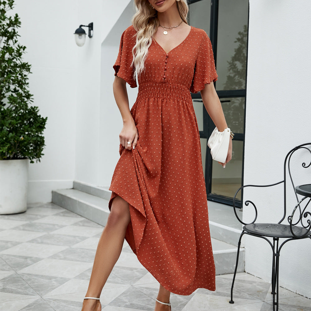 Robe trapèze ample à manches courtes et col en V pour femme