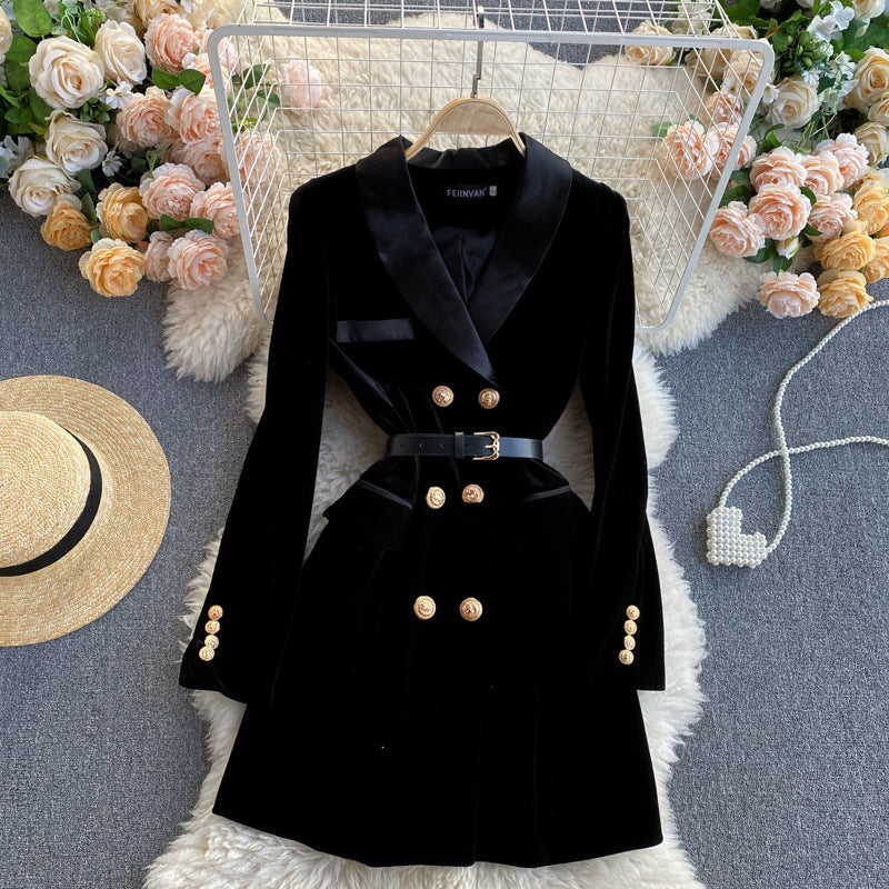 Robe en velours slim à col tailleur et double boutonnage pour femme