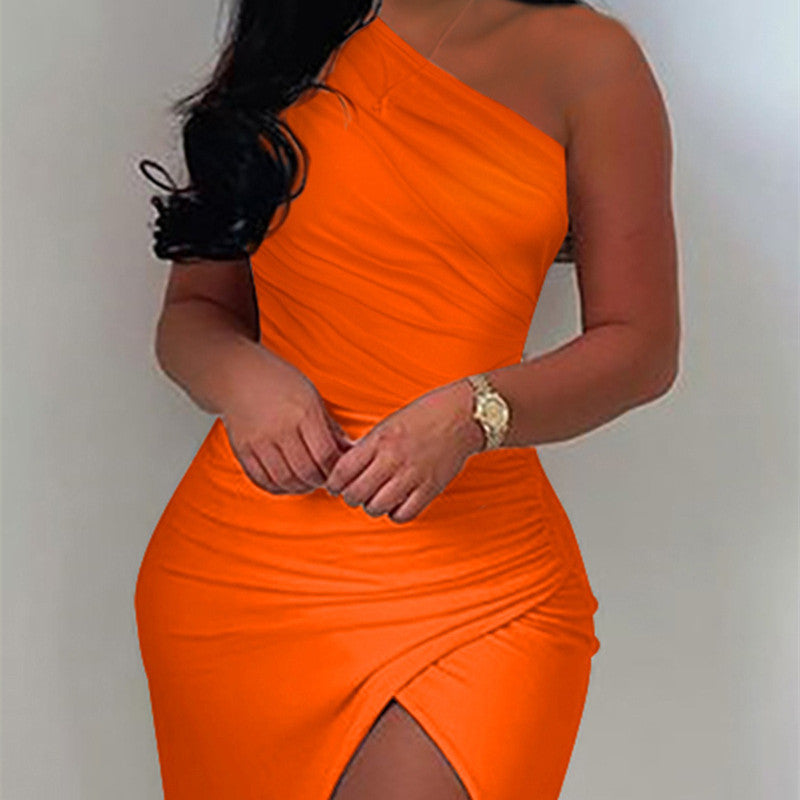 Robe plissée fendue à épaules dénudées pour femme, couleur unie