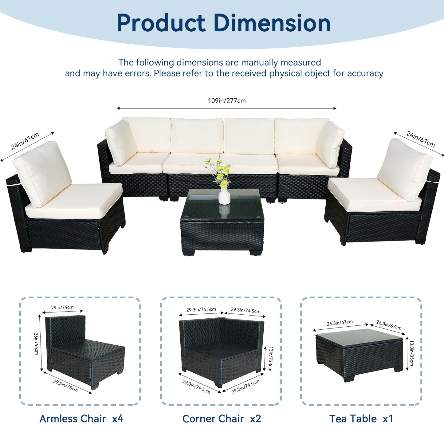 Selling Seven-Piece Sofa Set Table With Sofa Chair Black PE Rattan Outdoor New Design Furniture 7-JH002 Box 3-1-2-3 With White Color Cushion