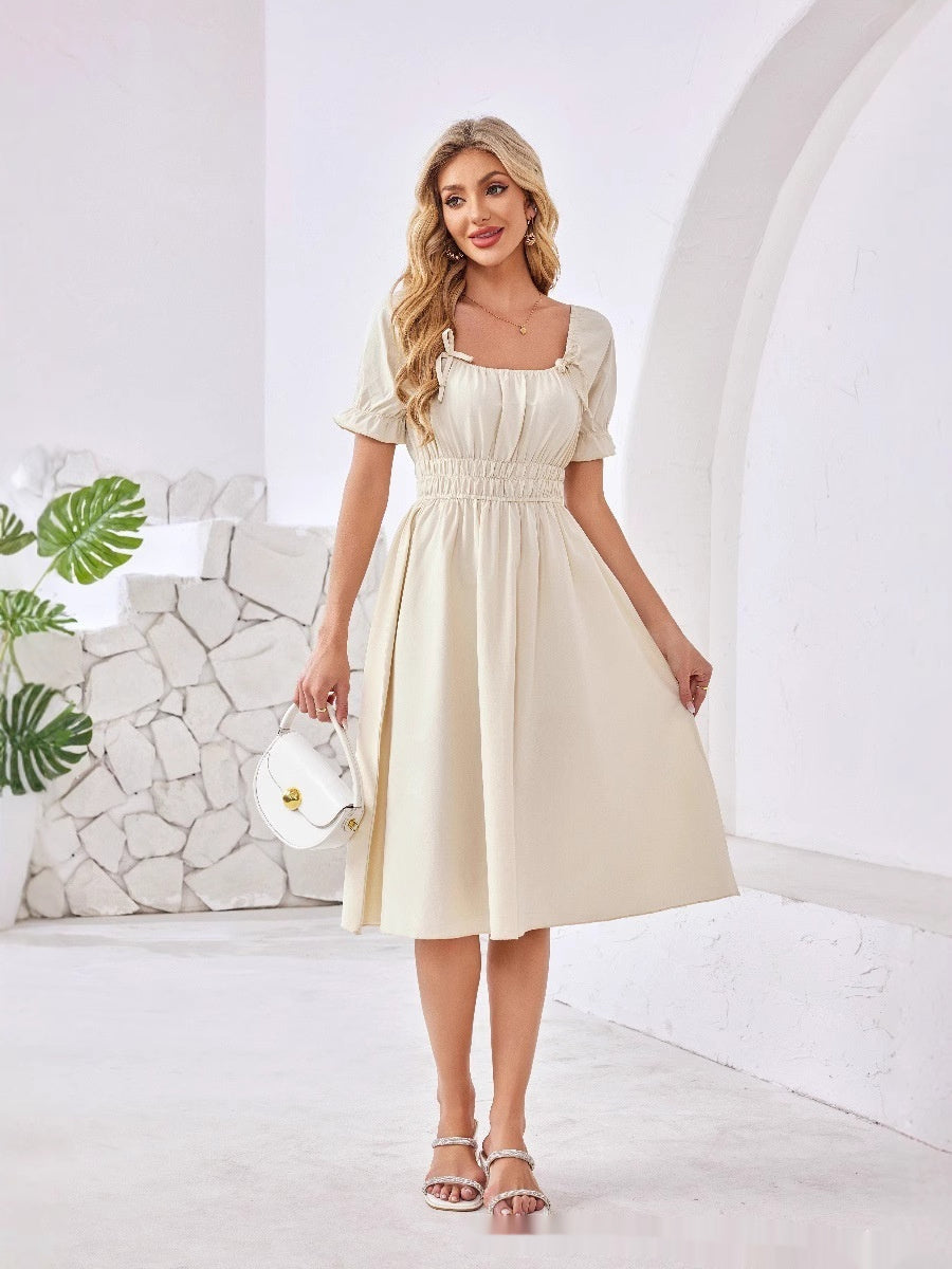 French-style Chic Square-Neck Puff-Sleeve Waist-Cinching Slimming Dress