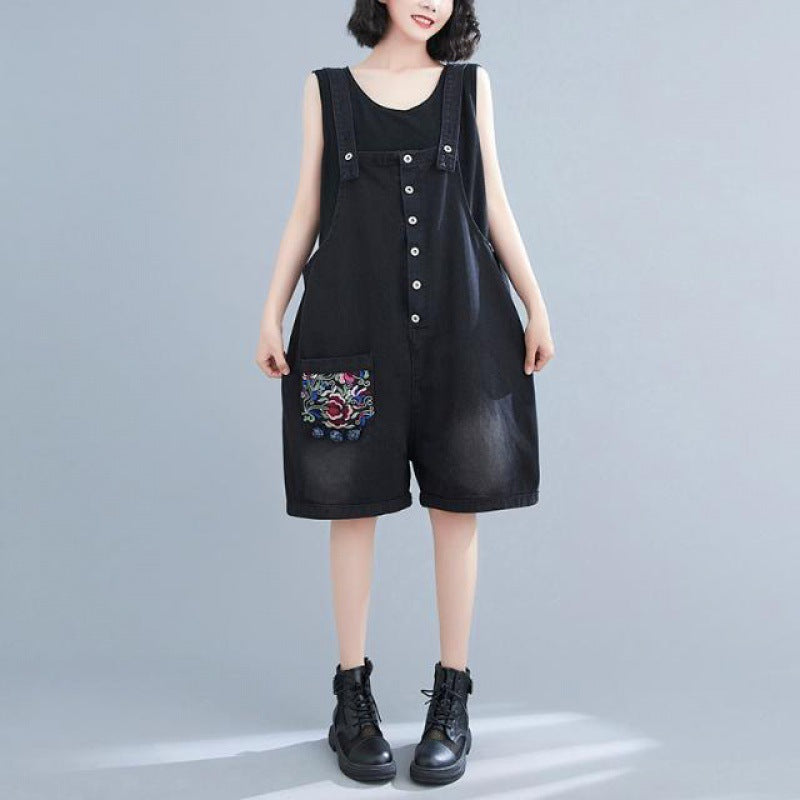Fat Mm Artistic Style Embroidered Denim Suspenders