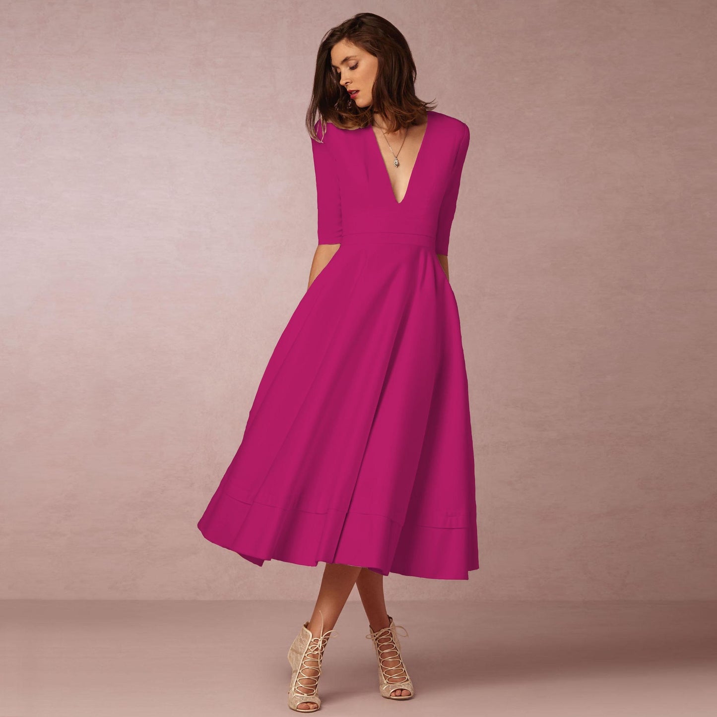 Women's Clothing Evening Dress Deep V Mid-sleeve Large Swing Dress