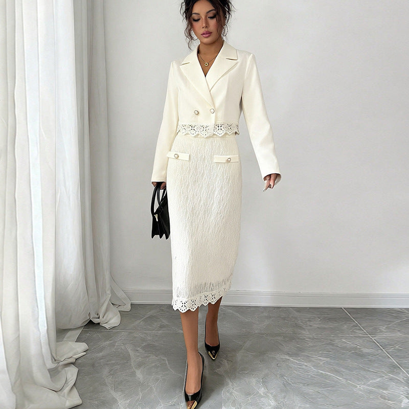 Elegant Lace-trimmed Petite Jacket And Lace Skirt Two-piece Set