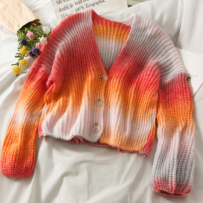 Gradient Three Button Loose And Thin Short Knitted Jacket