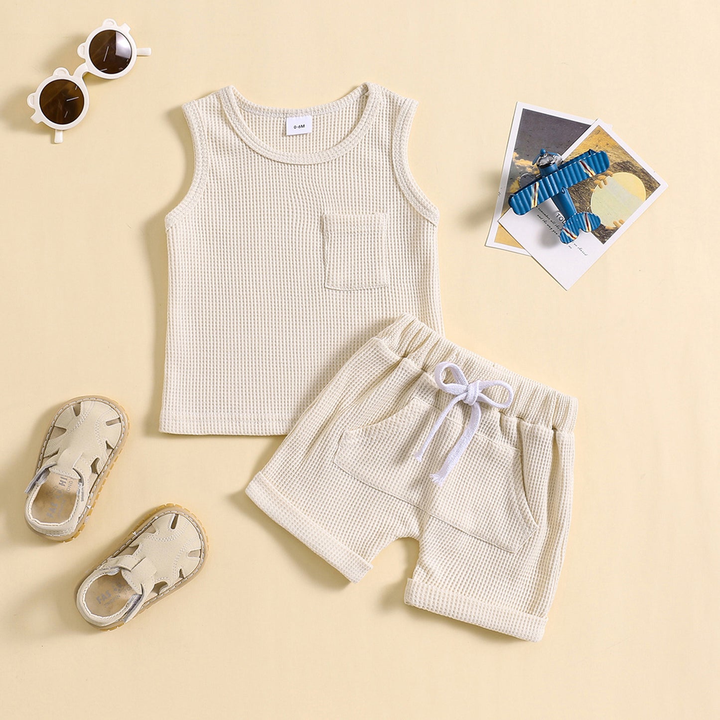 Children's Summer Korean Style Sleeveless Vest Waffle Solid Color Suit