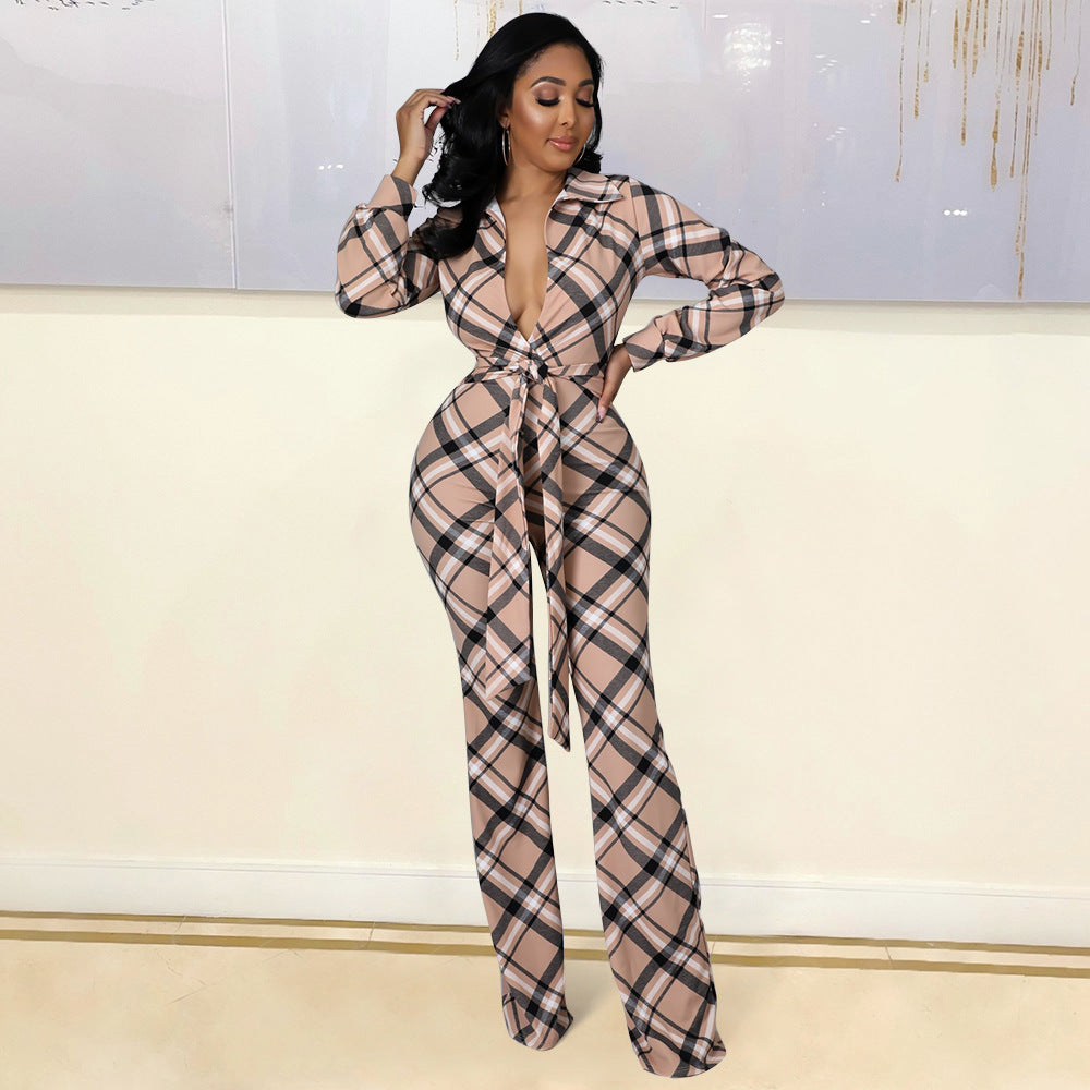 Tight-Fitting Lace-Up Plaid One-Piece Flared Pants
