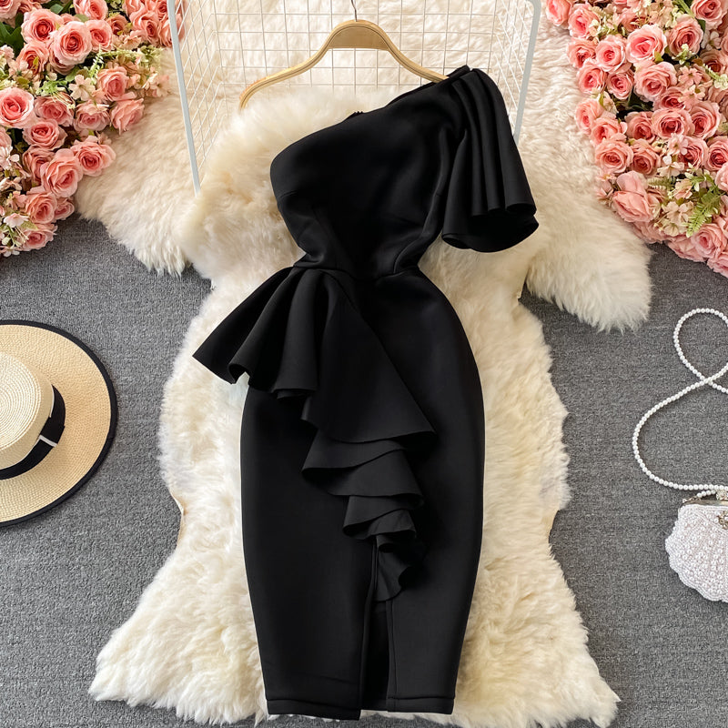 Women's Waist Three-dimensional Ruffled Slanted Shoulder Dress