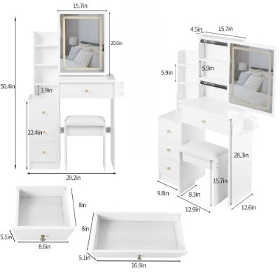 29.2 Small Size Left Bedside Cabinet Vanity Table   Cushioned Stool, 2 AC  2 USB Power Station, Hair Dryer Bracket  Extra Large Touch Control Sliding LED Mirror, Tri Color Switching, Brightness Adjust