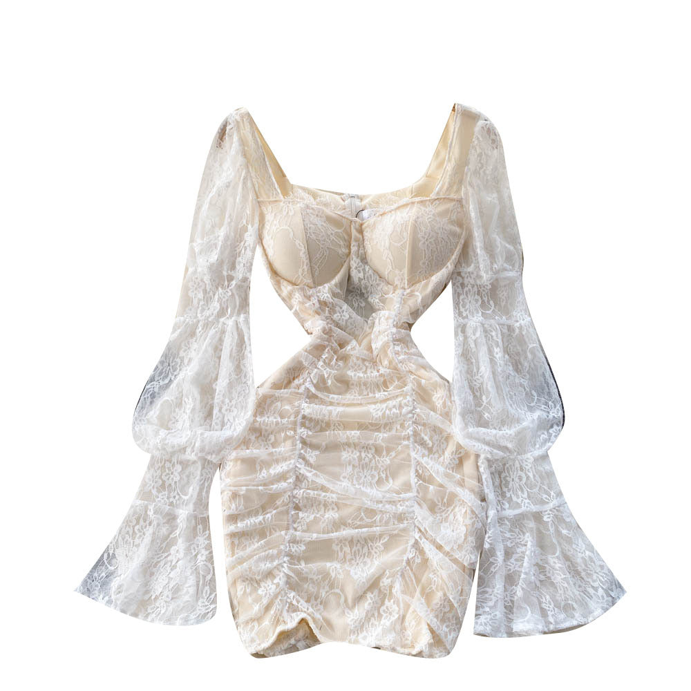 Women's Temperament Square Neck Lace Perspective Lantern Sleeve Waist Bag Hip Dress