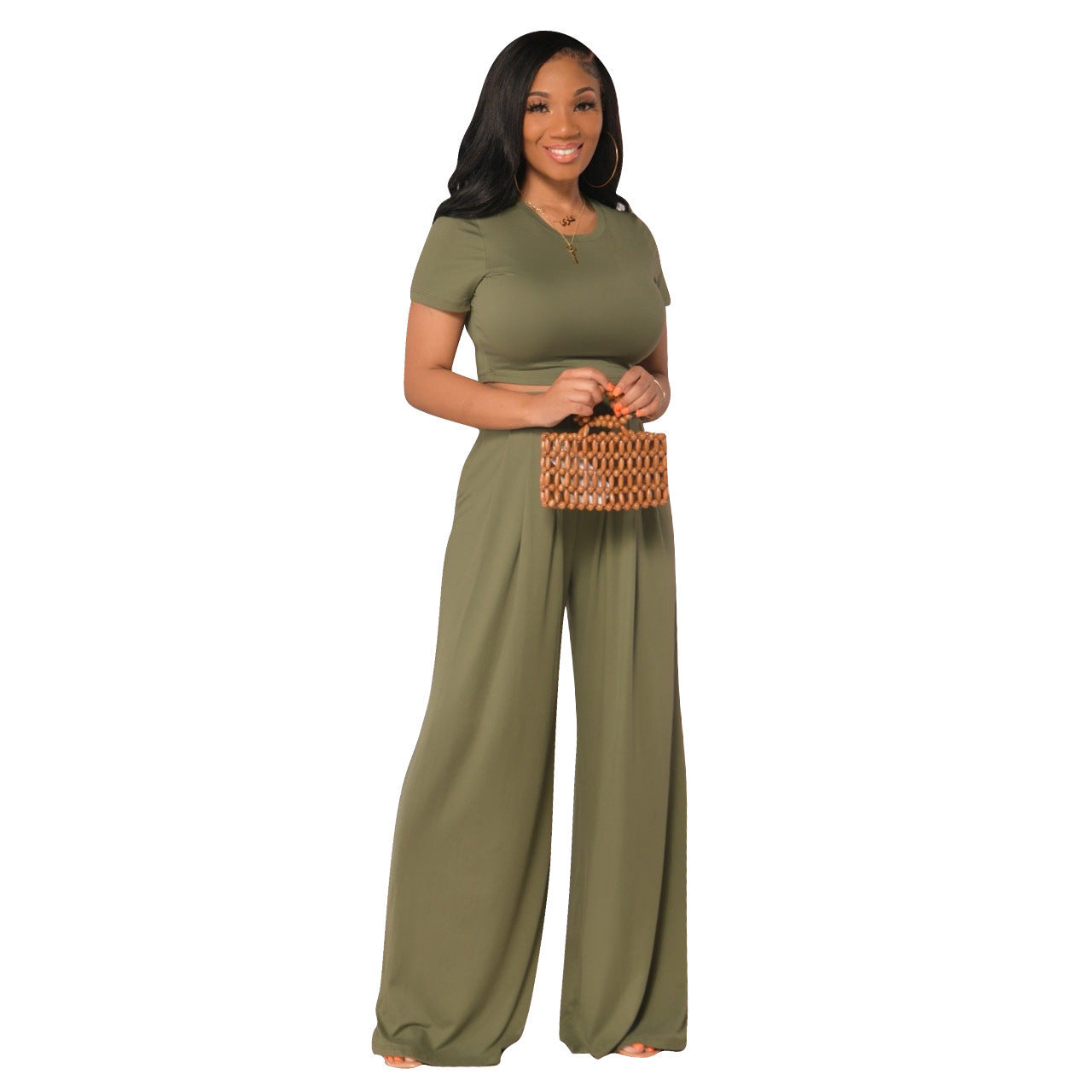 Costume deux pièces décontracté à jambes larges et couleur unie pour femme