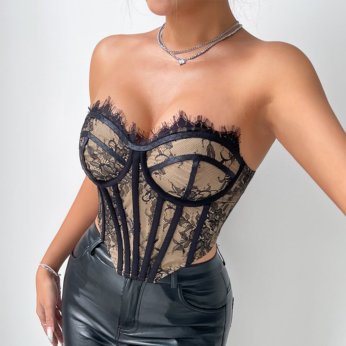 Irregular Steel Ring Fishbone Lace Slim Backless Row Buckle Outerwear Tube Top