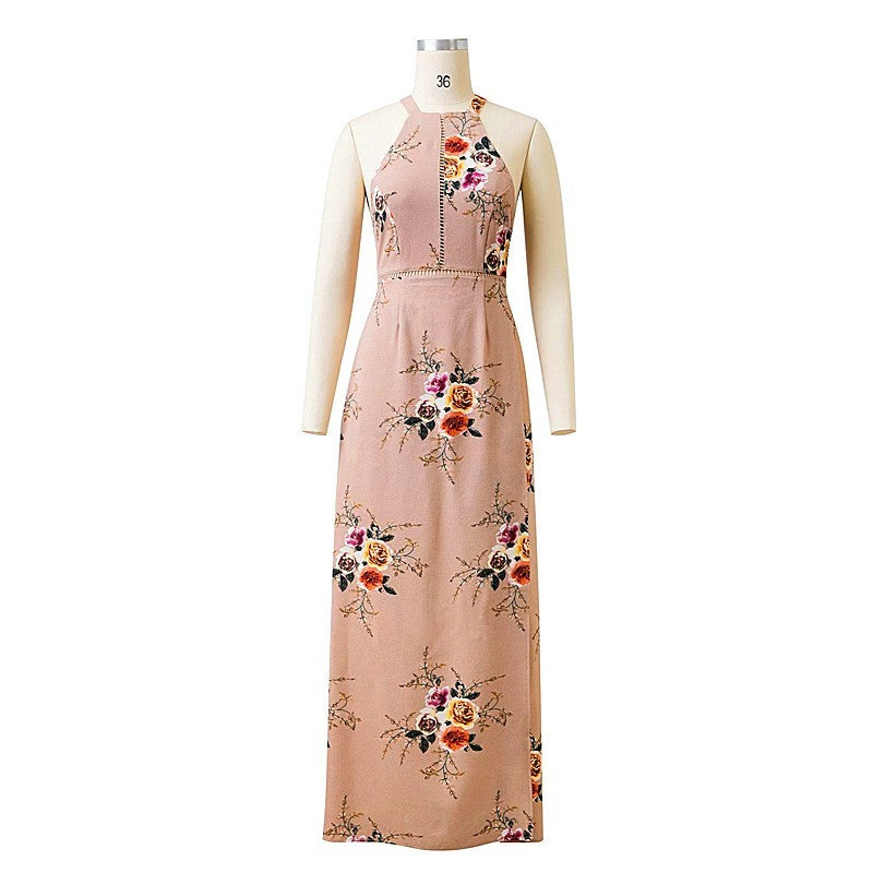Robe longue sexy dos nu imprimée vintage