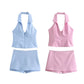 Sweet And Spicy Style Backless Slim Fit Shirt Hanging Collar Top Low Waist Skirt Pants