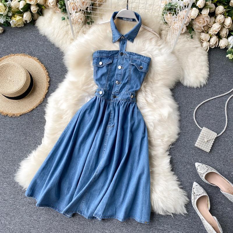 Sexy halter neck washed soft denim skirt