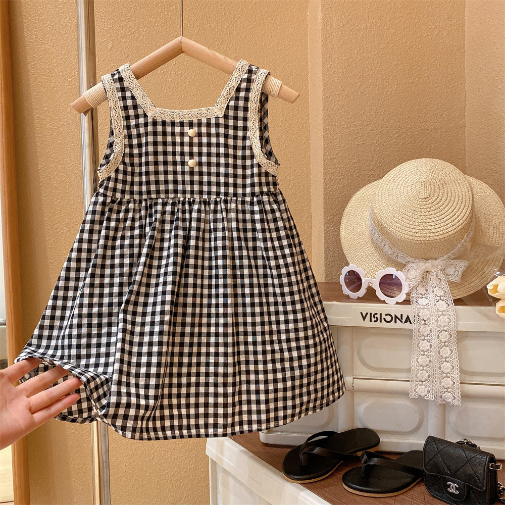Sweet Black And White Plaid Princess Vest Skirt