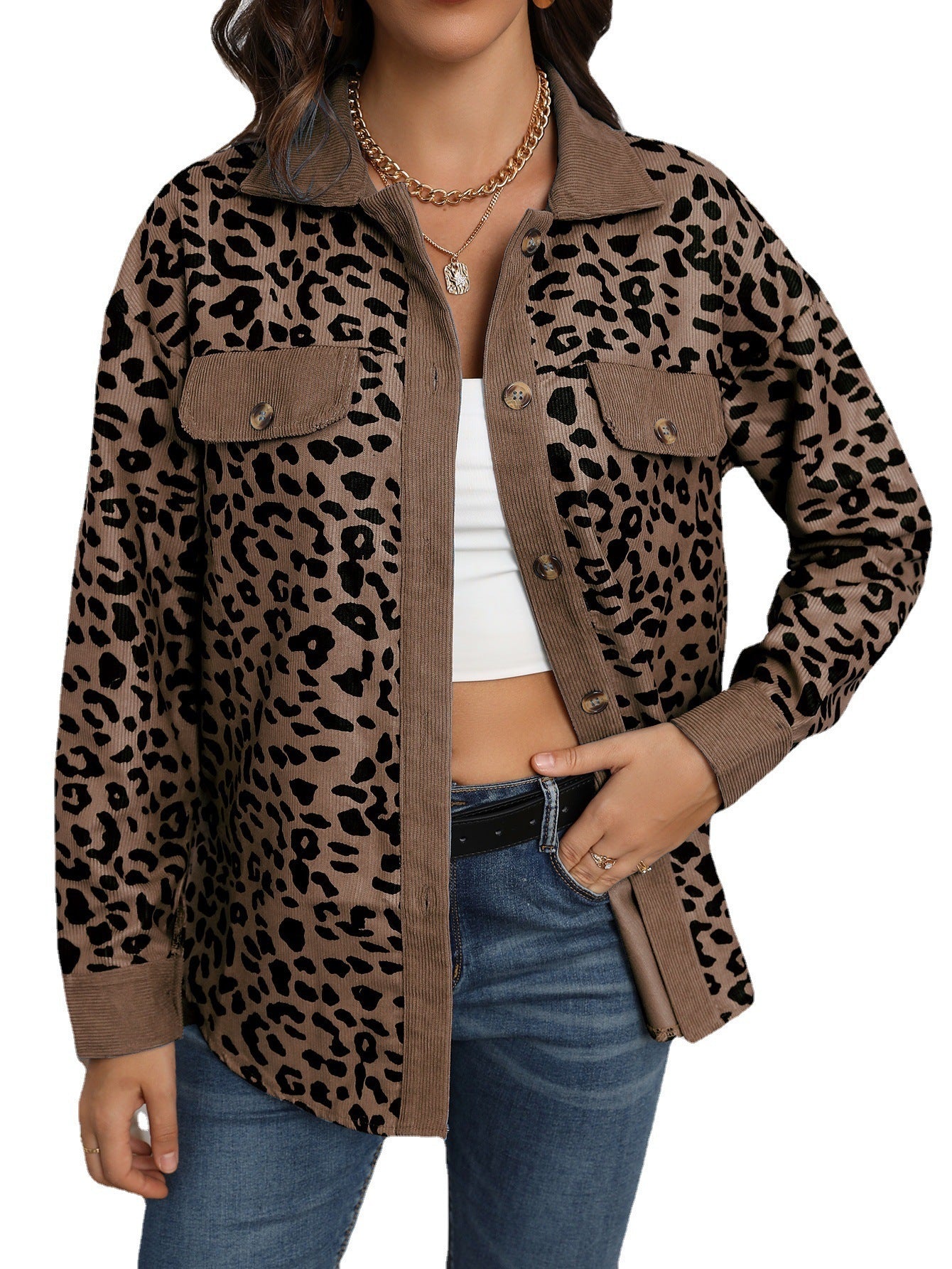 Fashion Leopard Print Corduroy Button Long Sleeve Coat For Women