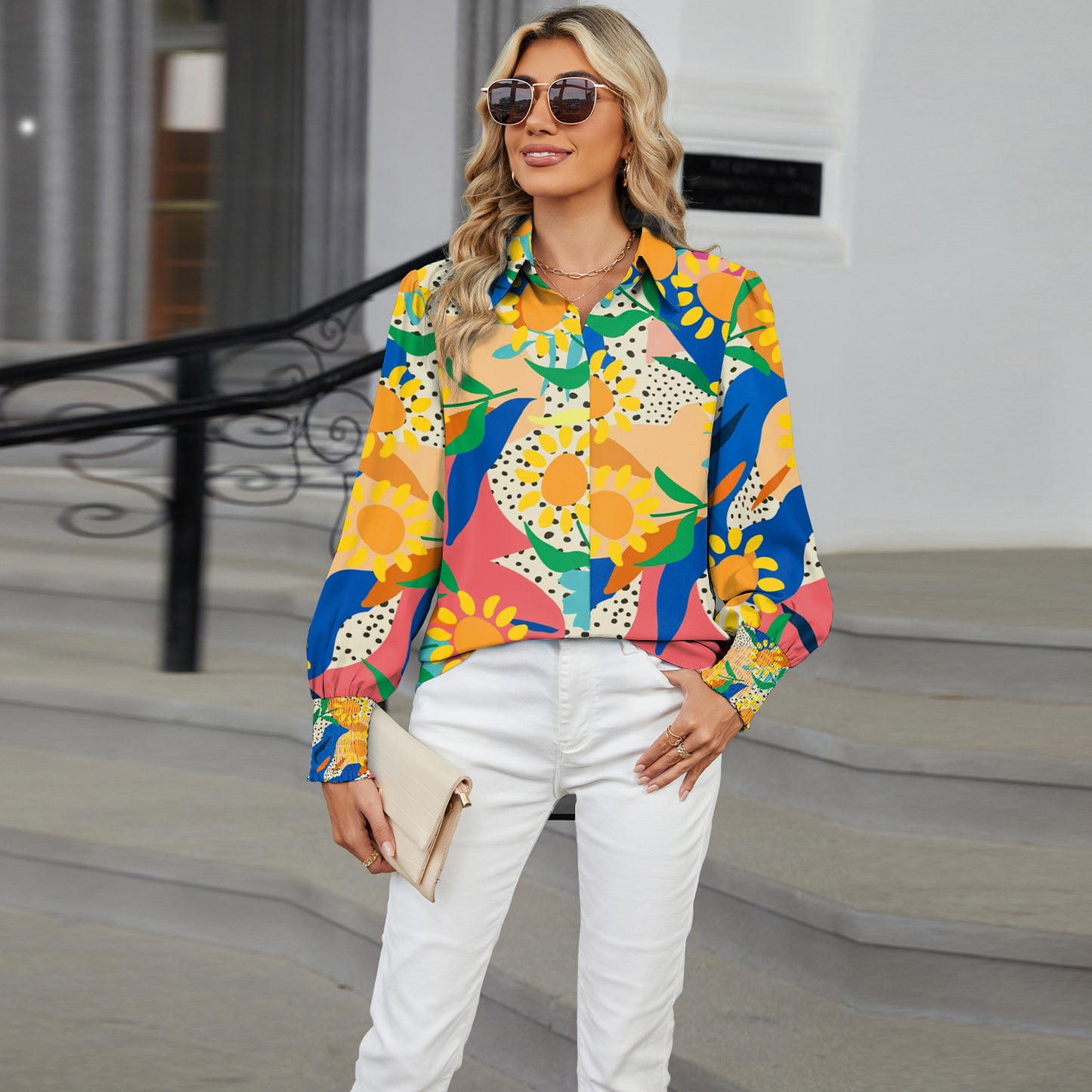 Printed Top Lapel Lantern Sleeve Shirt