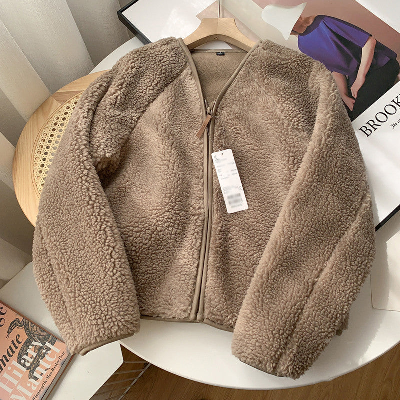 V-Neck Zipper Lamb Fleece Warm Short Coat