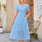 V-neck Hollow Pleated Short Sleeves Long Dress