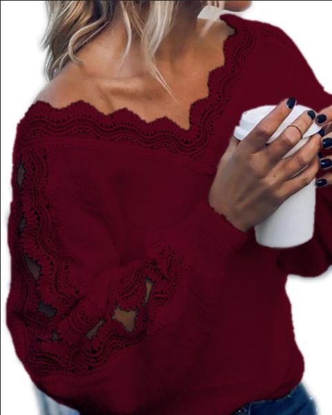 Autumn And Winter New Style Solid Color Lace V-leader Hollow Knit Top Women